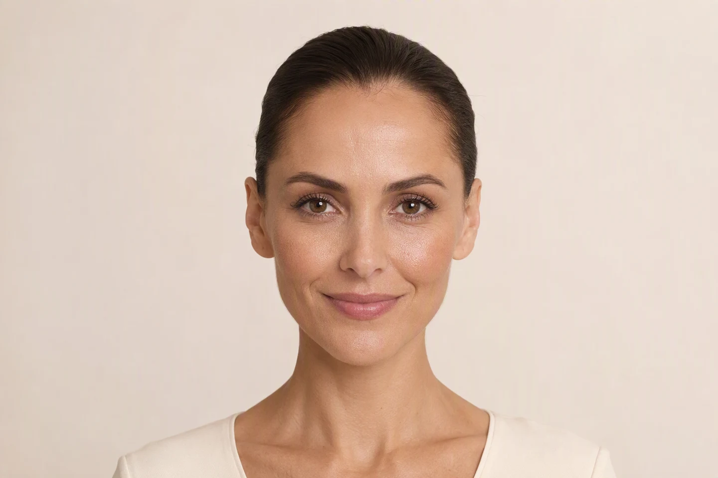 Front-facing portrait of a woman with a diamond face shape, wide cheekbones, narrow forehead and pointed chin