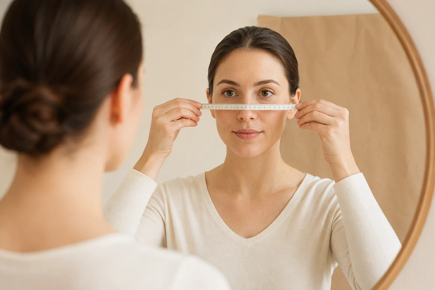 Woman measuring her cheekbone width with a soft tape in front of a mirror