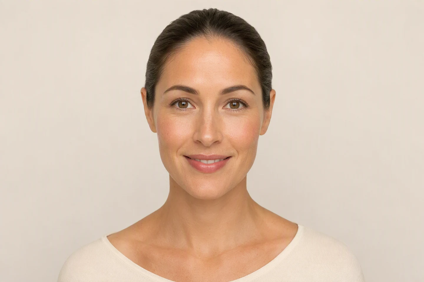 Front-facing portrait of a woman with an oval face shape, gently tapered contours and a rounded chin