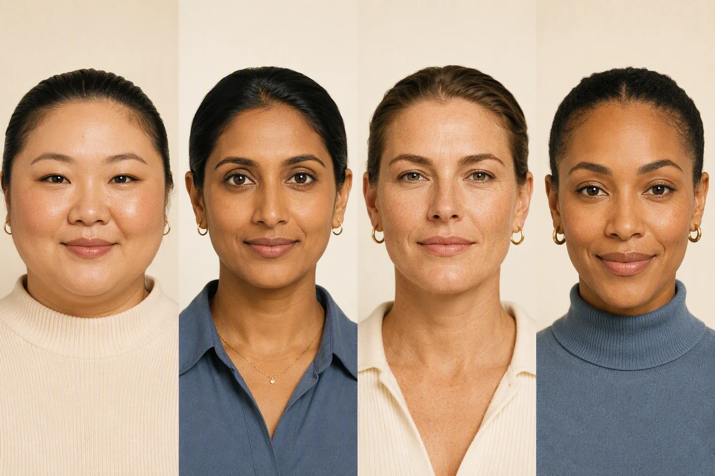 Four women with different face shapes, round, oval, square and heart, shown side by side with hair pulled back